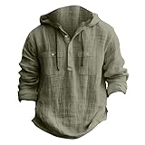 Soldes Chemise en Lin Homme Été Manches Longues été Coton Chemises Henley Shirt Sweats à Capuche en Coton et Lin pour Hommes Chemise à Capuche Décontractée Pull à Capuche de Plage Pas Cher