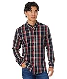 Chemise tissée à manches longues coupe classique en sergé de pêche Bleu marine/rouge