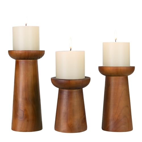 Pillar Candle Holders Set of 3, Wooden Candle Holders, Decorative Wood Candlestick Holders for Living Room, Table Centerpiece for Wedding, Christmas, Party, Home - 6", 8", 10"