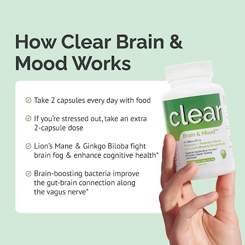Clear Probiotics Brain And Mood - Brain Fog - Brain Cell Generation And Growth - Improved Mental Acuity - Memory - Balanced Microbiome - Ginkgo Biloba - Lions - Mane - 1 Pack(60 Count) #TOP2