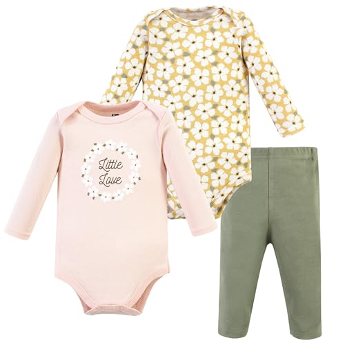 Image of Hudson Baby Unisex Baby Cotton Bodysuit and Pant Set, Sage Floral Wreath Long Sleeve, 0-3 Months