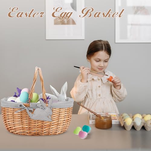 G GOOD GAIN Oval Picnic Basket with Folding Handles, Willow Hand Woven Shopping Basket, Bath Toy Kids Toy Storage Gift Packing Basket, Wicker Empty Easter Eggs and Candy Small Gift Basket. Linen Blue