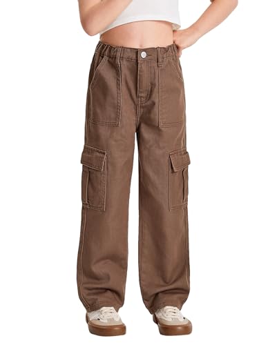 Verdusa Girl's Denim Cargo Pants Casual Jeans Elastic Waist Straight Leg with Pocket Daily Streetwear