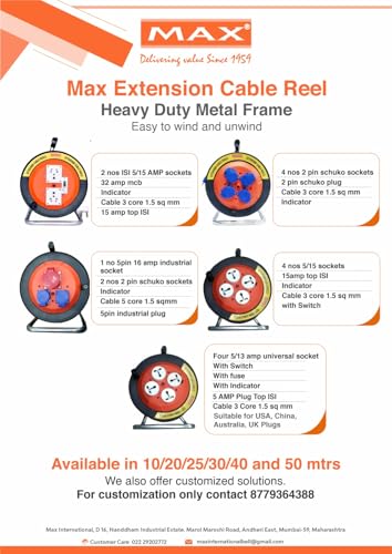 Max Extension Cable Drum| 3phase with 16 Amp 5 pin Industrial Plug| 16 Amp 5 pin Industrial Socket| 16 Amp 2 Pole 2 schuko sockets and 25 metres Wire|Industrial Cable Reel/Drum |