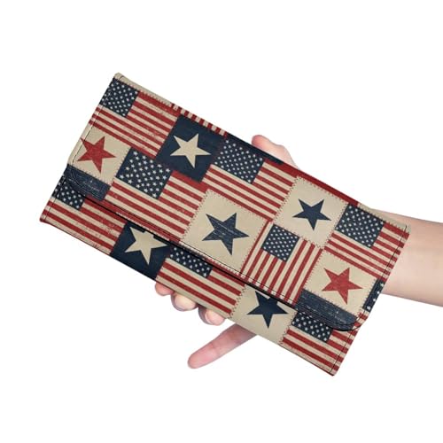 Image of AFPANQZ Large Capacity Women Purse Portable Handbag Purses, American Grid Print Womens Card Purse with Zipper Multifunctional Handbags RFID Blocking Checkbook Wallet