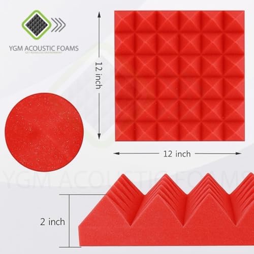 Image of YGM Acoustic Foams Pyramid Acoustic Panels 1 Footx1 Footx2inch Thick, 50 Density Acoustical Sound Proof Foam for Room, Studio, Echo Reduction & Noise Absorption (Black & Red, Set of 108)