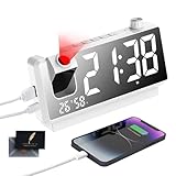 TAVADA Sveglia con Proiettore Soffitto, Orologio Proiettore Soffitto con Display LED da 7", 180°, Doppio USB, Temperatura e Umidità, 12/24H, 3 Livelli Luminosità, Snooze, per Camera da Letto(Bianco)