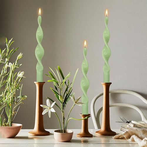 Image of Smokeless Green Spiral Taper Candle Handmade Unscented Taper Candlesticks 10 Inch Long Twisted Candles for Candlelight Dinner Decor Wedding Church 2 Pcs