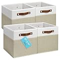 OrganiHaus 11" x 11" x 11" Fabric Cubes Storage Bins Set of 4, Foldable Collapsible Canvas Storage Bins for Organizer, Toy Organizer for Kallax, 11 Inch Linen Cube Shelf Baskets - Beige/White