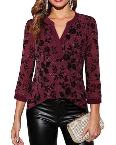 Image of Timeson Women's Short Sleeve V Neck Blouses Shirts Floral Double Layers Mesh Tunics Tops