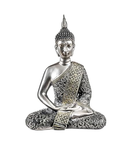LEKE GO Figura buda de suerte sentado resina para decoracion dhyana plateado (20x28 cm)