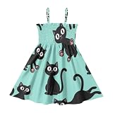 ODAWA Vestido de verano a cuadros beige para niñas, con tirantes ajustables, sin mangas, acampanado, para niños pequeños, Lindo gato negro aguamarina, 4 años
