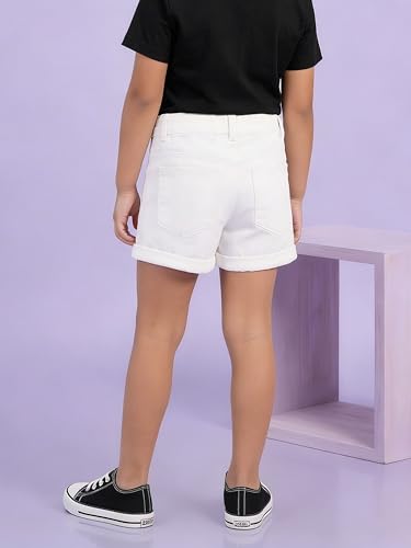 Image of KiddoPanti Girls Tight Length Rollup Denim Shorts with Lavender and Pink 3D Crochet Flowers