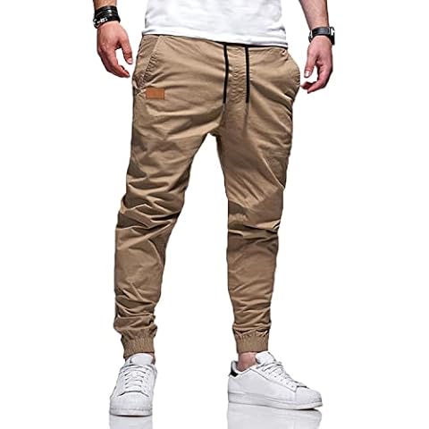 WZIKAI Mens Casual Joggers Pants Cotton Drawstring Chino Cargo Pants for Men Workout Sweatpants Casual Long Trousers, Khaki, Large Cover