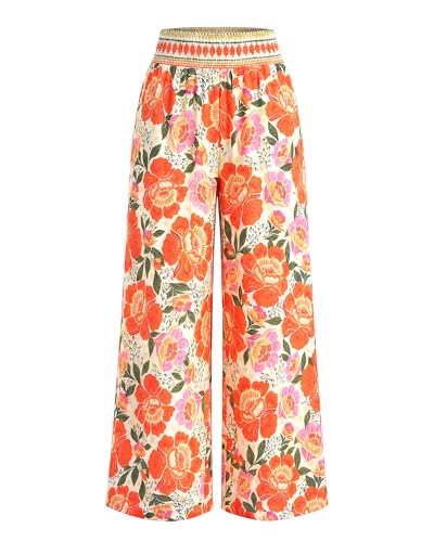 BTFBM Wide Leg Pants Woman 2026 Summer Smocked Waist Floral