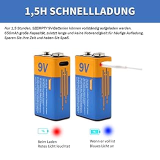 SZEMPTY Batterie ricaricabili al litio da 9 V, 6F22 USB agli ioni di litio da 9 V, 650 mAh, con cavo di ricarica di tipo C, ricarica rapida in 1,5 ore, confezione da 2