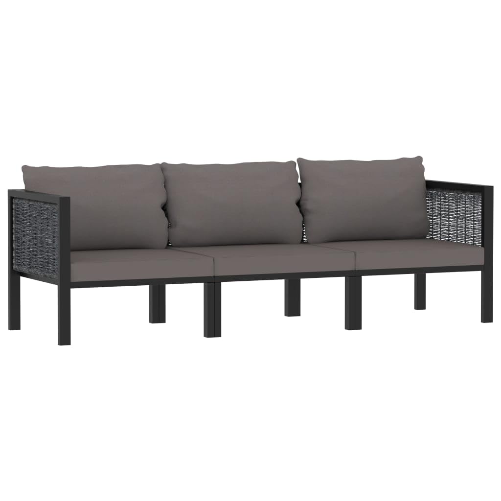 Set di 3 posti con cuscino, colore antracite, in polyrattan, mobili da giardino, per terrazza, giardino, balcone