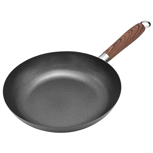 Sartén Antiadherente de Acero al Carbono con Mango de Madera, Sartenes de Acero al Carbono Fundido para Saltear, Apta para Todo Tipo de cocinas, incluida inducción y Puede lavavajillas (Ø 28 cm)