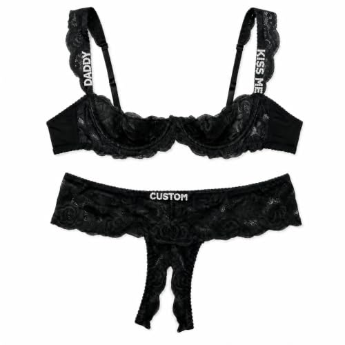 foshjay Personalized Rhinestone Bra & Thong Set with Hand-Sewn Custom Letters - Sexy Lingerie for Women, Romantic Anniversary Birthday Honeymoon Gift,...