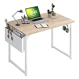 JSB Small Computer Desk 39' with Storage Bag and Hook, Home Office Desk Laptop Study Writing Table - Natural & White