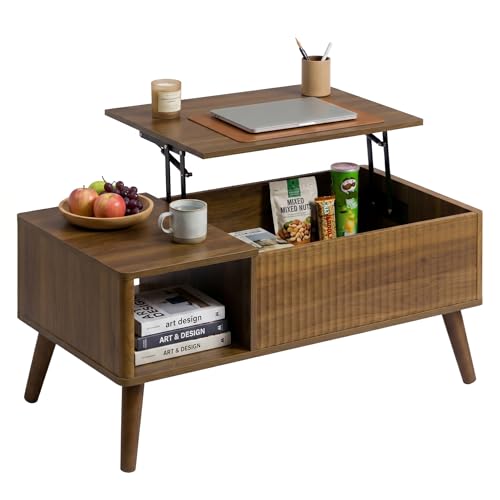 HollyHOME Table Basse relevable, Table Basse Bois de 95 cm pour Salon, Table à thé avec Pieds en Bois Massif, Compartiment de Rangement caché et étagère...