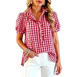 Stylish Ruffle Design: This women's plaid blouse features a charming ruffle collar and button placket, adding a feminine touch to the classic gingham pattern. The trendy puff short sleeves create a flattering silhouette, hiding upper arm fat while keeping you cool. Perfect for adding a vintage vibe, this top transitions effortlessly from casual outings to events. The V-neckline elongates the neck.