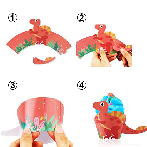Howaf 24 Pieces Dinosaur Cupcake Wrappers, Cute Dinosaur Cupcake Toppers In 6 Designs For Cake Decoration, Dino Pattern Cake Decor For Kids Birthday Party Supplies #TOP2