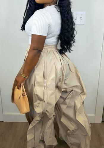 Womens Casual Baggy Pants Cargo Joggers Y2k Drawstring Waist Wide Leg Loose Ruffle Trousers4