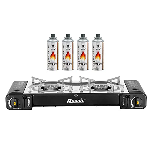 Mianova Campingkocher Doppel Gaskocher 2 flammiger Shisha Anzünder Grill Notfallkocher Kühltasche Gaskartuschen Gas Kocher Set Schwarz 4 Gasflaschen