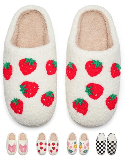 Cute Slippers for Teen Girls Warm Cozy House Shoes Fuzzy Home Slippers womens slippers size 8 Indoor and Outdoor（Strawberry38/39)
