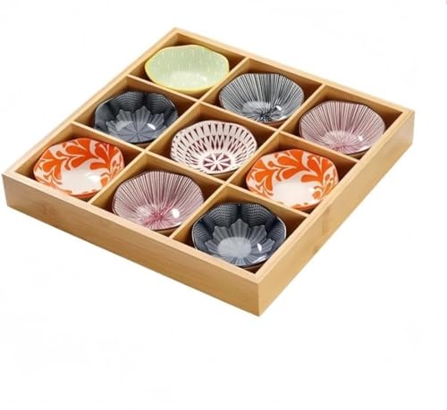 Barino 9マスのグリッド プラッター お皿 小皿セット和風 小皿 竹トレイ 陶器 前菜皿 盛り鉢 深型 仕切り付き 天然木 9点小鉢 醤油皿 前菜皿 盛り鉢 和食器 セラミック アイスクリーム ソース皿 火鍋 焼肉屋 寿司屋 食洗機 (A) [並行輸