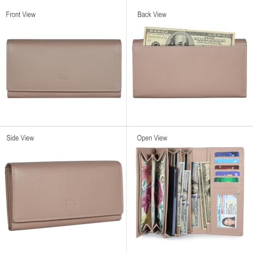 Image of Women's Top Grain Leather Wallet, RFID Blocking Bifold clutch, 17 Card Slots, Zip Pocket Organizer, Elegant Gift for Women - Birthday, Valentine, Anniversary - Saffiano Rose Pink