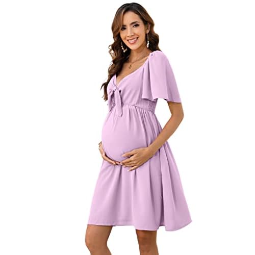 FUNJULY Maternity Dresses for Baby Shower Women's Knotted V Neck Knee Length Wrap Baby Shower Dress, Medium, Pink