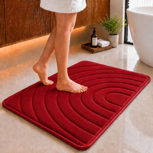 Image of Premium Memory Foam Bath Mat | 40x60cm Super Absorbent Velvet Bathroom Rug | Non-Slip Machine Washable Floor Mat (Cherry Red)