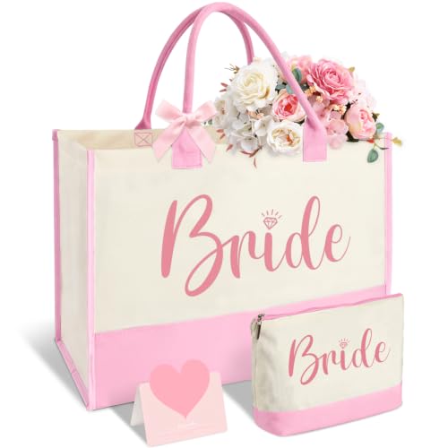 Image of Bride Gift Pink Canvas Bag Tote with Makeup Bag, Wedding Bridal Shower Gift | Large Capacity, Easy to Clean and Reusable, Waterproof Coating, Bride to be Gift Bag, Bride Gifts for Wedding Day