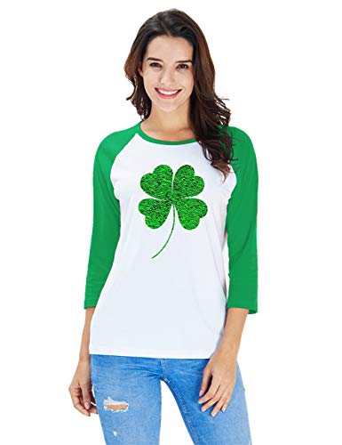 uideazone Women St Patrick s Day Irish Shamrock 3 4 Sleeve Baseball Jersey Green T-Shirt