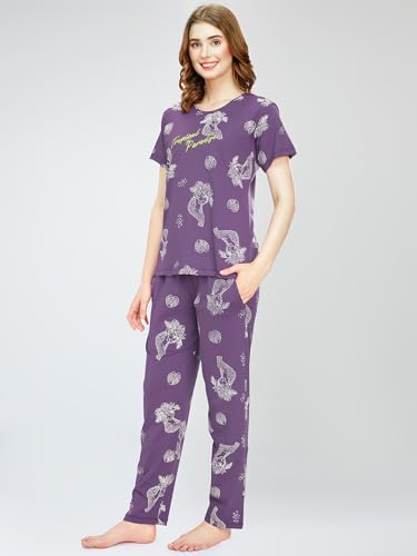 Image of ZEYO Night Suit for Women's Floral & Cheetah Printed Cotton Night Dress of Top and Pajama Set 5779