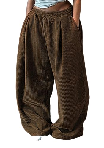 YOOTIKO Womens Baggy Corduroy Pants Elastic High Waisted Fall Comfy Casual Loose Straight Wide Leg Trousers