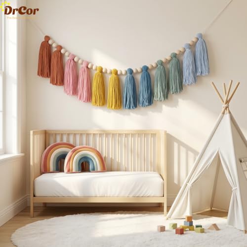 Image of DrCor Boho Tassel Garland Earth Rainbow Nursery Decor - Cotton Wall Hanging