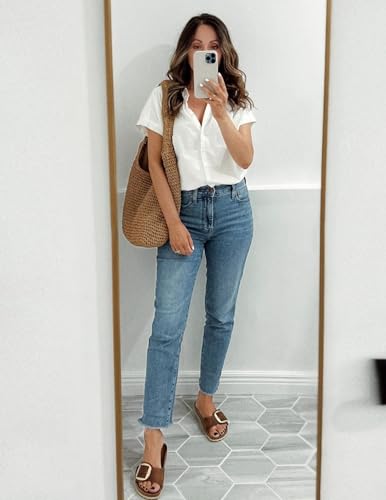 Zeagoo Womens Button Down Blouse Rolled Cuffed Short Sleeve Shirts Casual Work Blouse Summer Hawaiian Outfits4