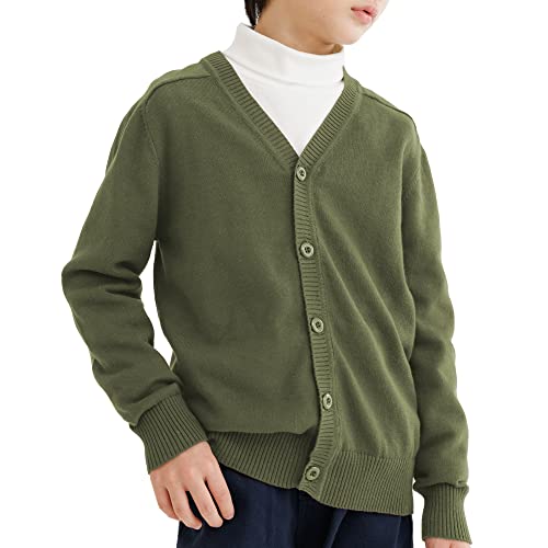 CUNYI Boys' Button-up Cardigan with Elbow Patches V-Neck Cotton Knit Sweater Casual Outerwear, Green, 150