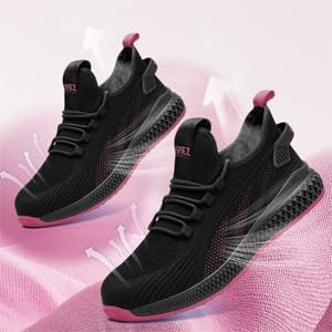 SPIEZ Slip on Safety Shoes for Women,Lightweight Non Slip Work Shoes,Air Cushion Safety Sneakers for Work and Daily Wear Black-Pink - Image 2