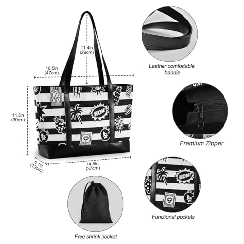 Black White Striped Retro Summer Cool classy laptop tote bag for women with zipper travel tote bag for men with lunch4