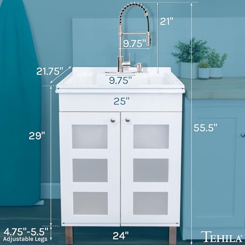 Image of White Utility Sink in White Vanity, Stainless Steel Pull-Down Coil Faucet, Soap Dispenser and Spacious Cabinet by JS Jackson Supplies for Garage, Basement, Shop and Laundry Room