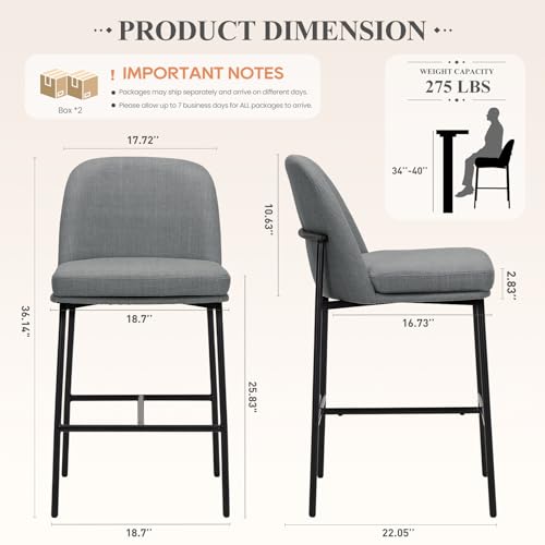 Image of COLAMY Counter Height Bar Stools Set of 4, 25 Inch Modern Fabric Kitchen Island Stools with Back, Upholstered Counter Barstools Armless Bar Chairs with Metal Legs for Island Dining Room Bar,Dark Grey