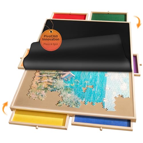 Rnice 1500 Rotating Puzzle Board Pro, with 6 Drawers, Rubber Cover Mat, 34' x 25', 360° Lasy Susan, Sort-Wise Colorful Felt Drawers & 4 Trays, Wooden Jigsaw Puzzle Table, Birthday Gifts for Mom