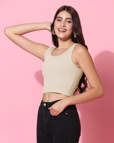Image of TOPLOT Women's Solid Ribbed Round Neck Sleeveless Slim Fit Tank Top (5069)