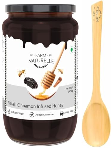 Image of Farm Naturelle -Shilajit infused in Cinnamon honey-powerful, therapeutically beneficial as well as fabulously tasty-for both, men n women-crafted wooden spoon along-1450g