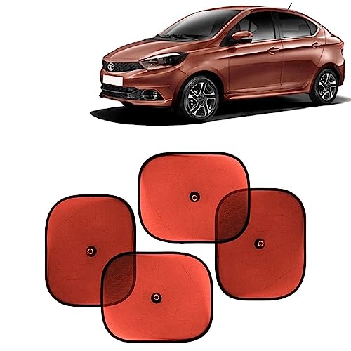 KINGSWAY Car Window Curtain Sticky Sun Shades Compatible with Tata Tigor, (Year 2017 Onwards), Universal Fit Sunshades for Side Window, Rear Window, Red Color, 4 Pieces