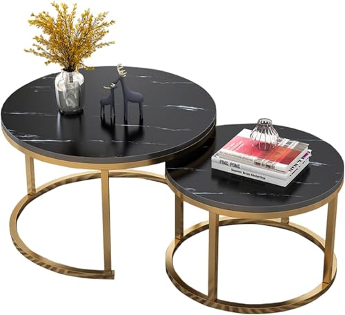 Image of Elegance Iron & Wooden Round Retro Golden Side Tables - Night Stand, Bedside, Sofa Side, Coffee, Centre, Nesting and Bar Table Set of 2 (Golden & Black)